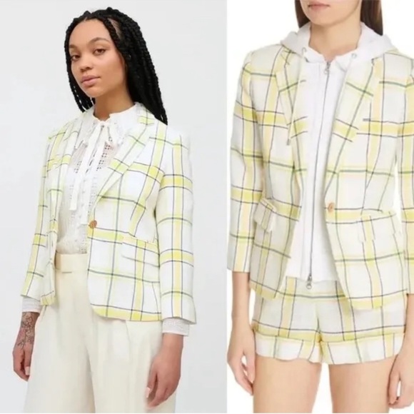 Veronica Beard Schoolboy Plaid White Yellow Green Blazer NWOT - Picture 2 of 9